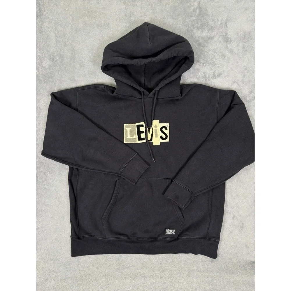 Levis Sweater Mens Large Black Pullover Hoodie Long Sleeve‎ Fleece Heavy